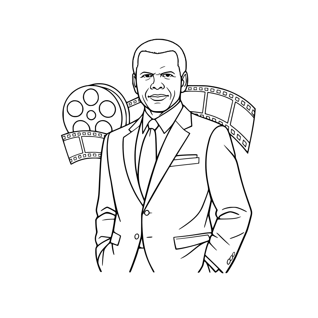 Sidney Poitier standing confidently in a suit, dignified expression, minimal film reel outline in background, mid-body framing.