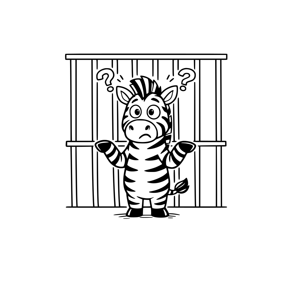 a funny Zebra confused in front of striped prison bars. super simple drawing.