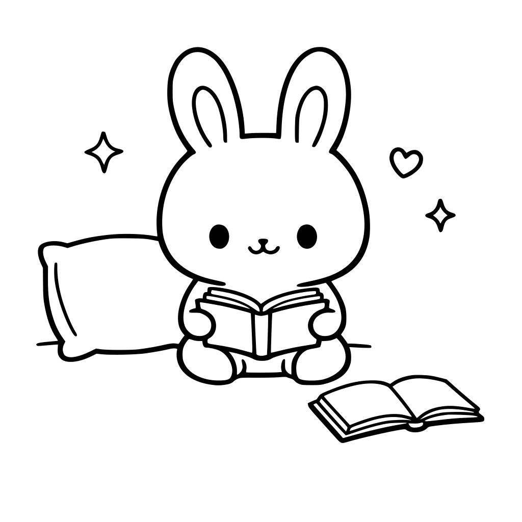 Cute kawaii bunny sitting on the floor reading a book, calm morning routine, small smile, simple cozy atmosphere, minimal details like a pillow and open book on the floor