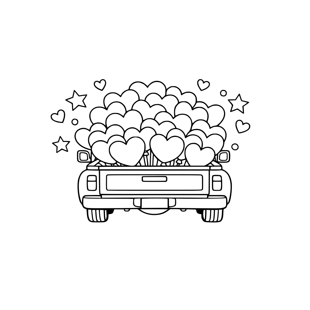 A pickup truck filled with heart balloons.
