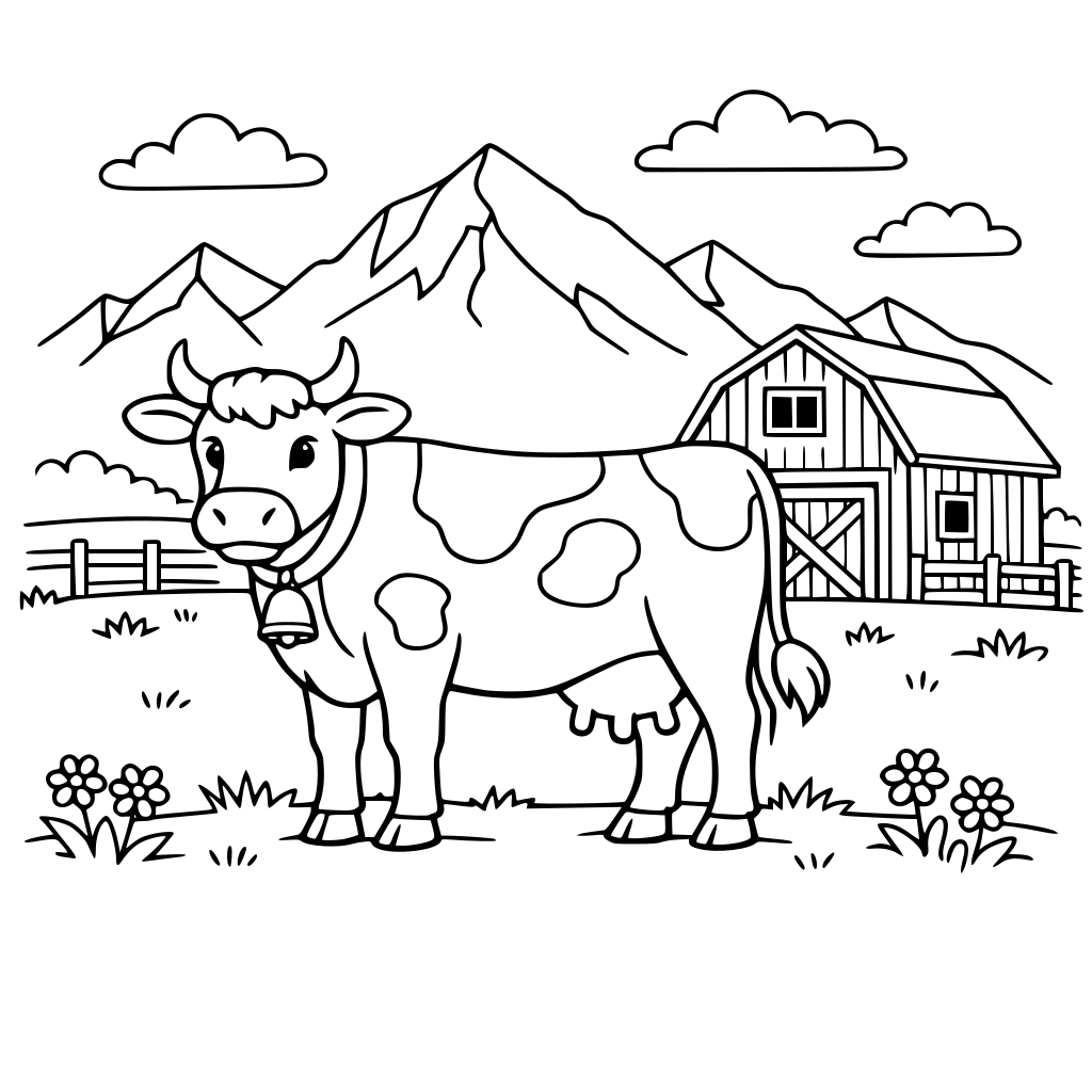 Eine Kuh die auf einer Weide steht. Im Hintergrund die Berge und neben der Weide ein Stall