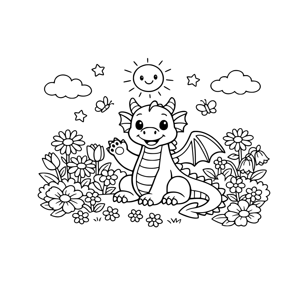 Seekor naga ramah di taman bunga