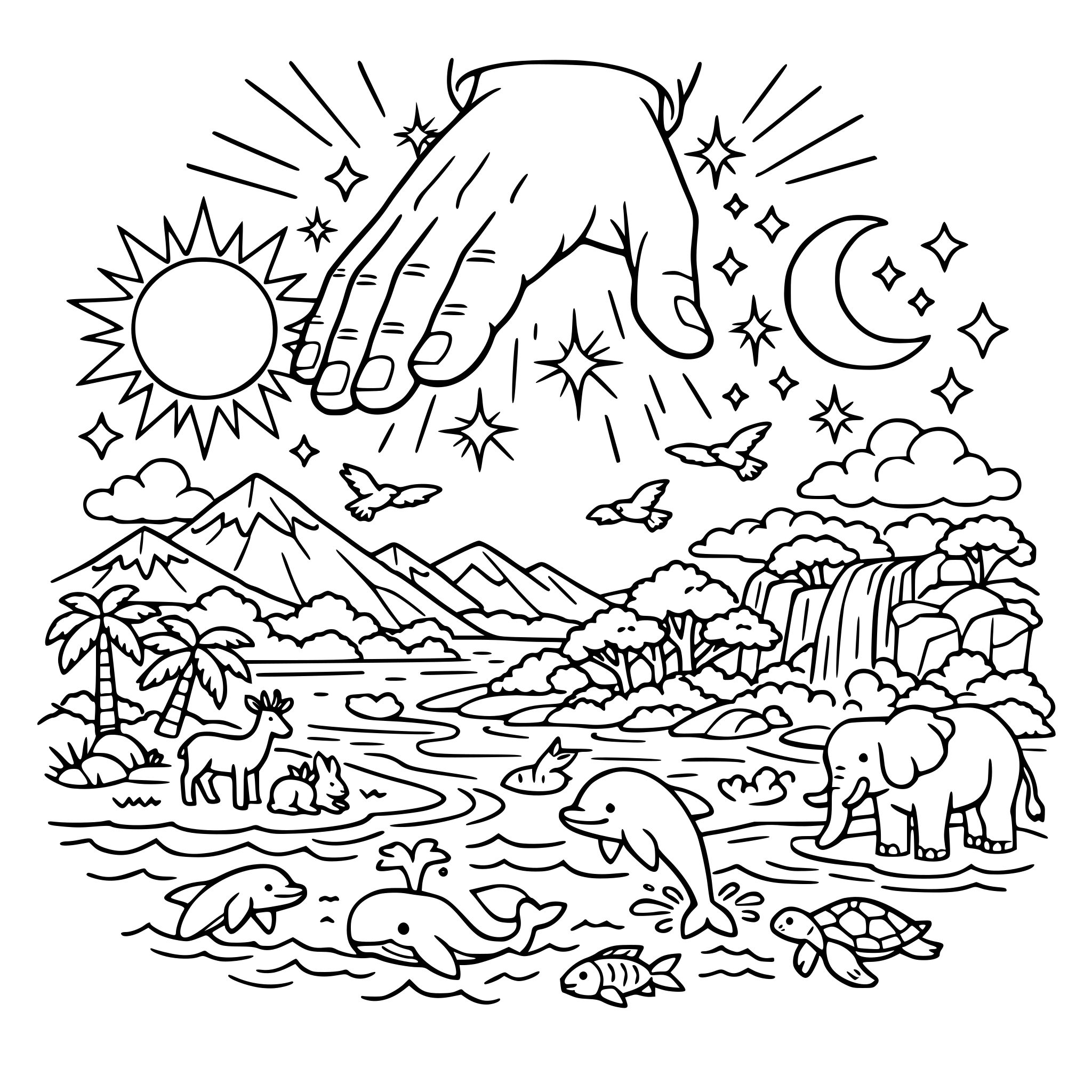 God creating the world, a big hand coming down from heaven hovering over a scene with the sun, the moon, stars, oceans and animals. Add sparks and different types of landscape elements