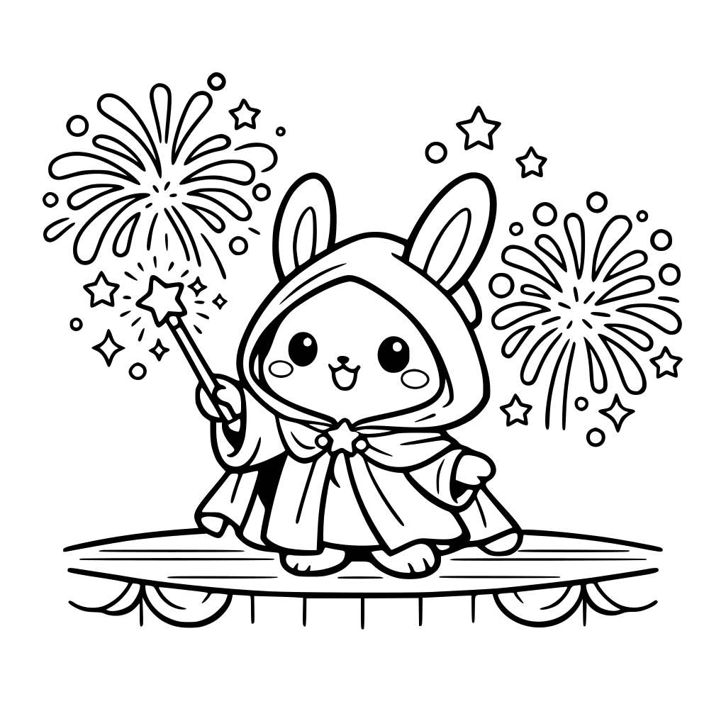 cartoon and kawaii art style of Bunny in magician robeand hood wand making fireworks on the stage— rounded bursts, sparkles.