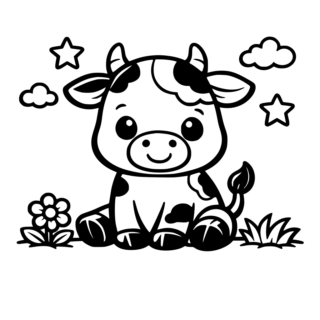 cute baby cow coloring page for kids, simple line art , bold thick line , black and white , printable , 8.5x11 inches