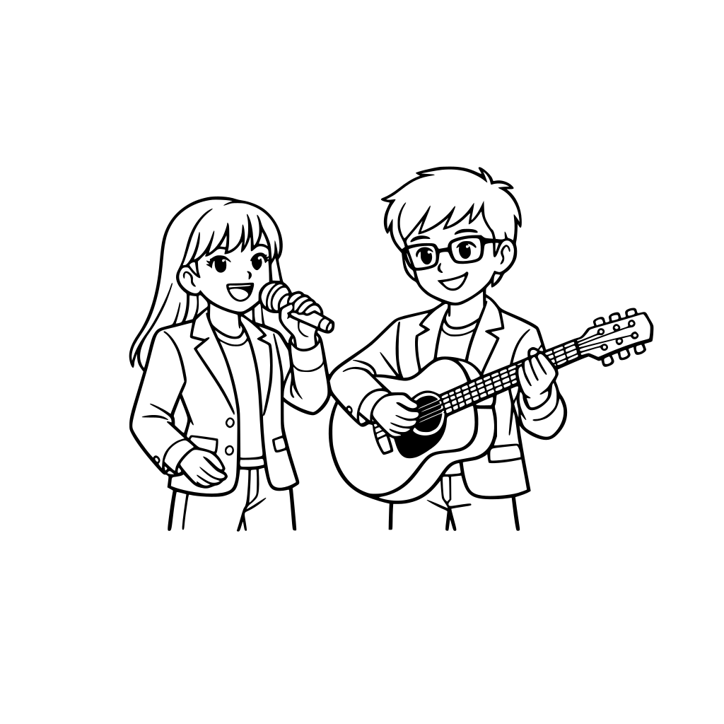 a girl wearing a blazer singing into microphone next to a boy wearing a blazer and glasses playing a guitar
