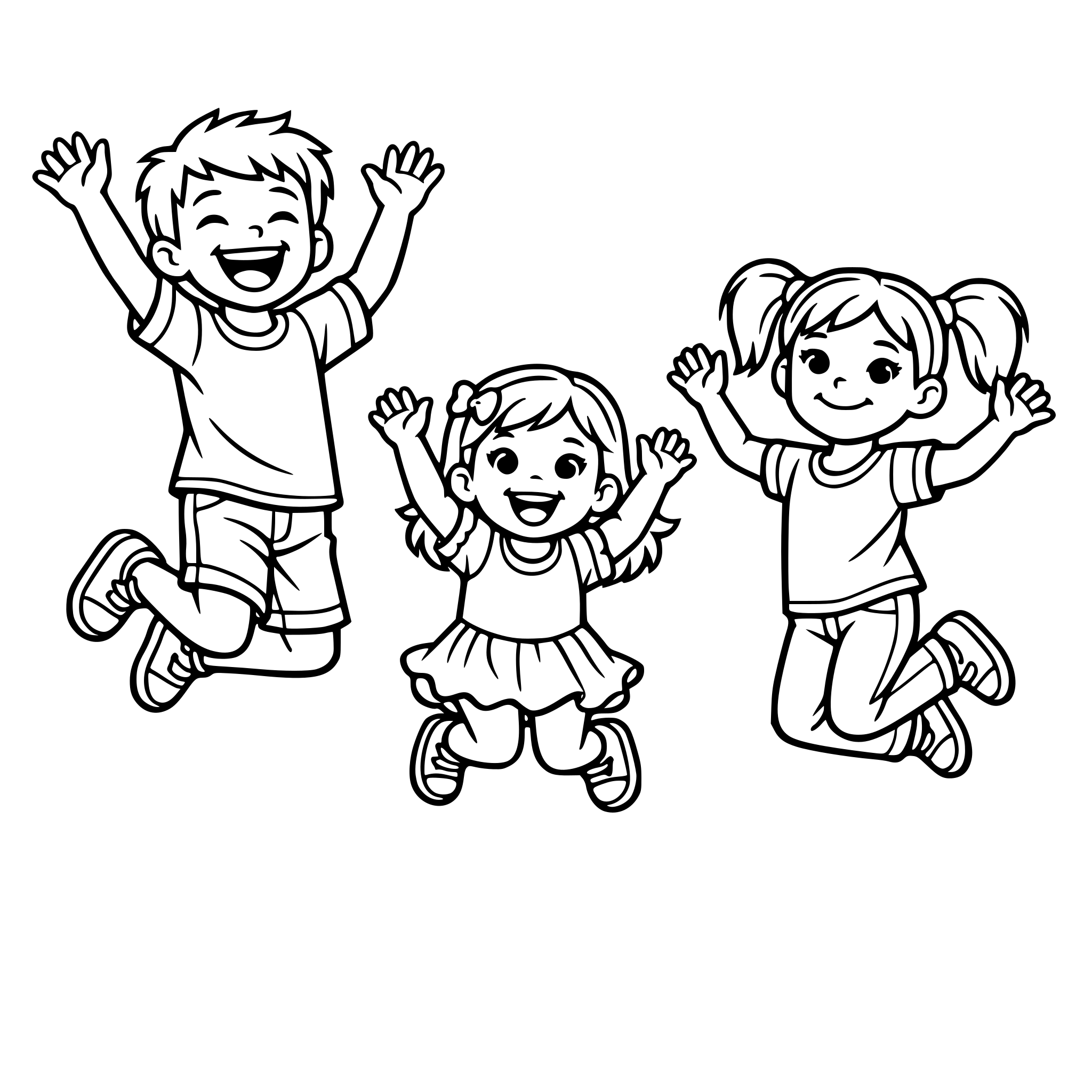 Three different realistic modern children jumping up and down. One boy is taller and laughing. One girl is smiling and shorter . Another girl is smiling with mouth closed. White background, isolated.