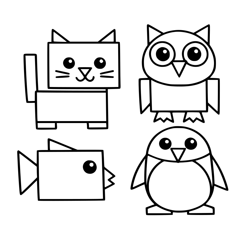 En bild med olika former, kvadrat, rektangel, cirkel och triangel. Tillsammans ska alla former skapa olika djur.