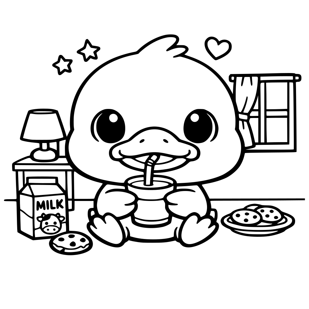 A Cute Duck Drinking Milk in a room. His head is big. and big eia