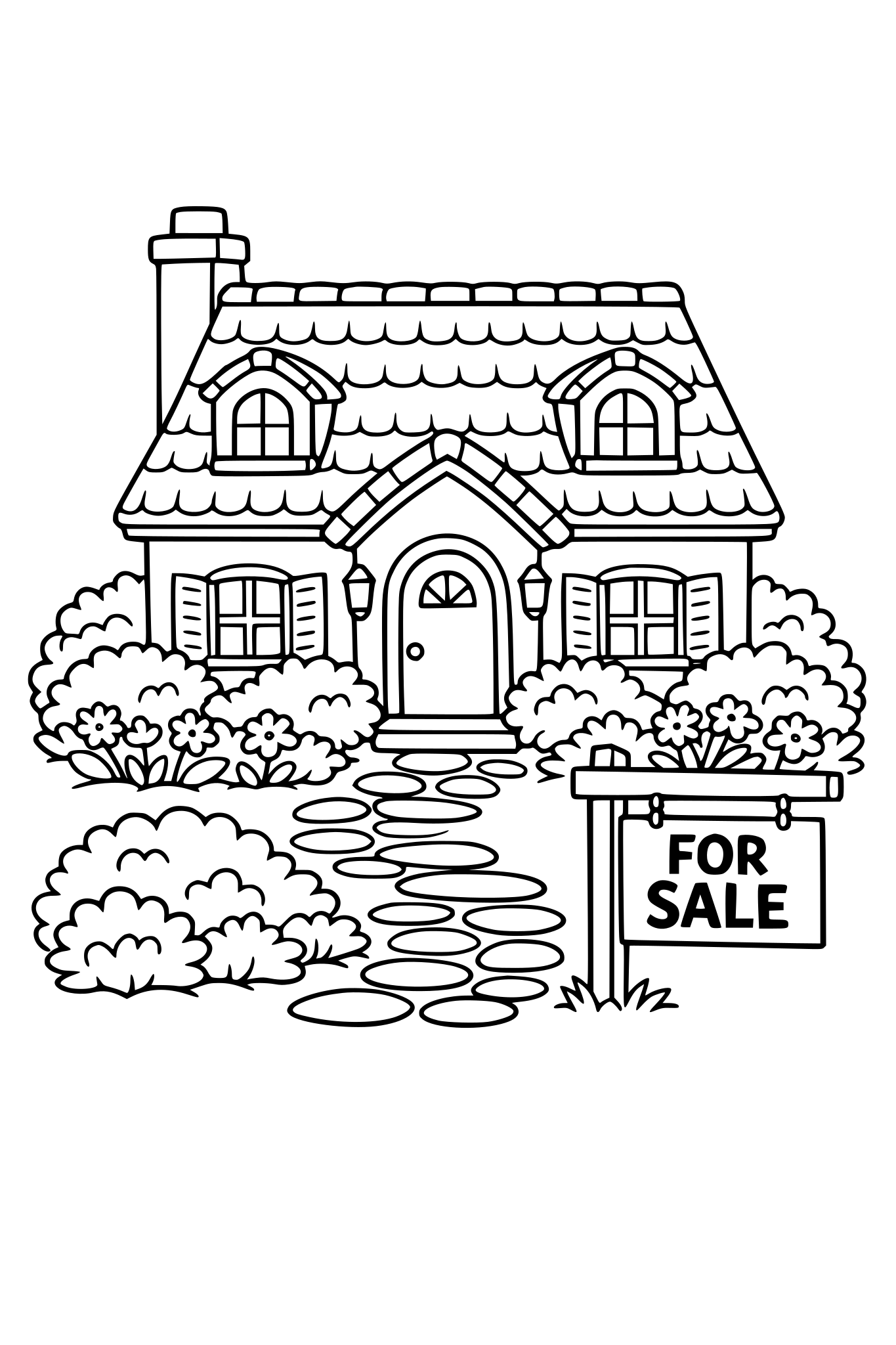 Cute french country style home with shrubbery and a for sale sign in front