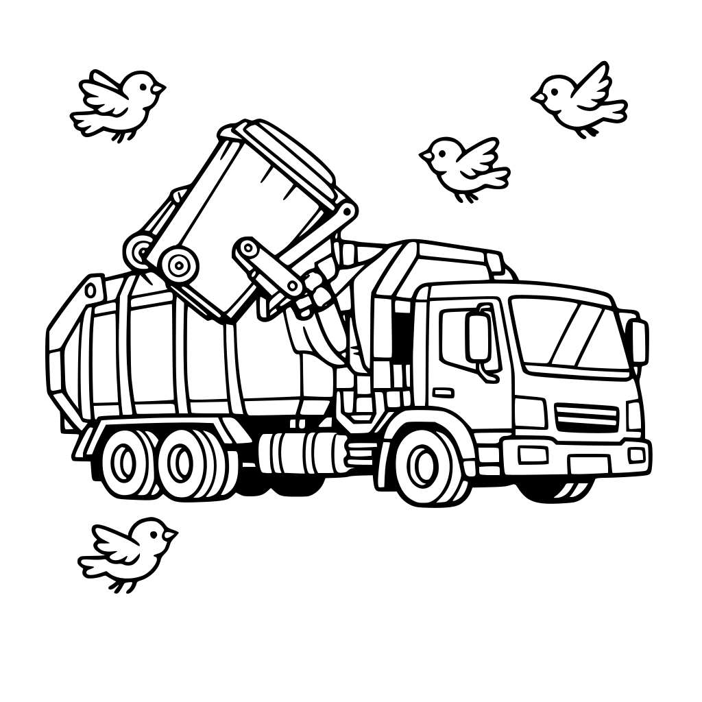 garbage truck lifting a bin, with little birds flying nearby.