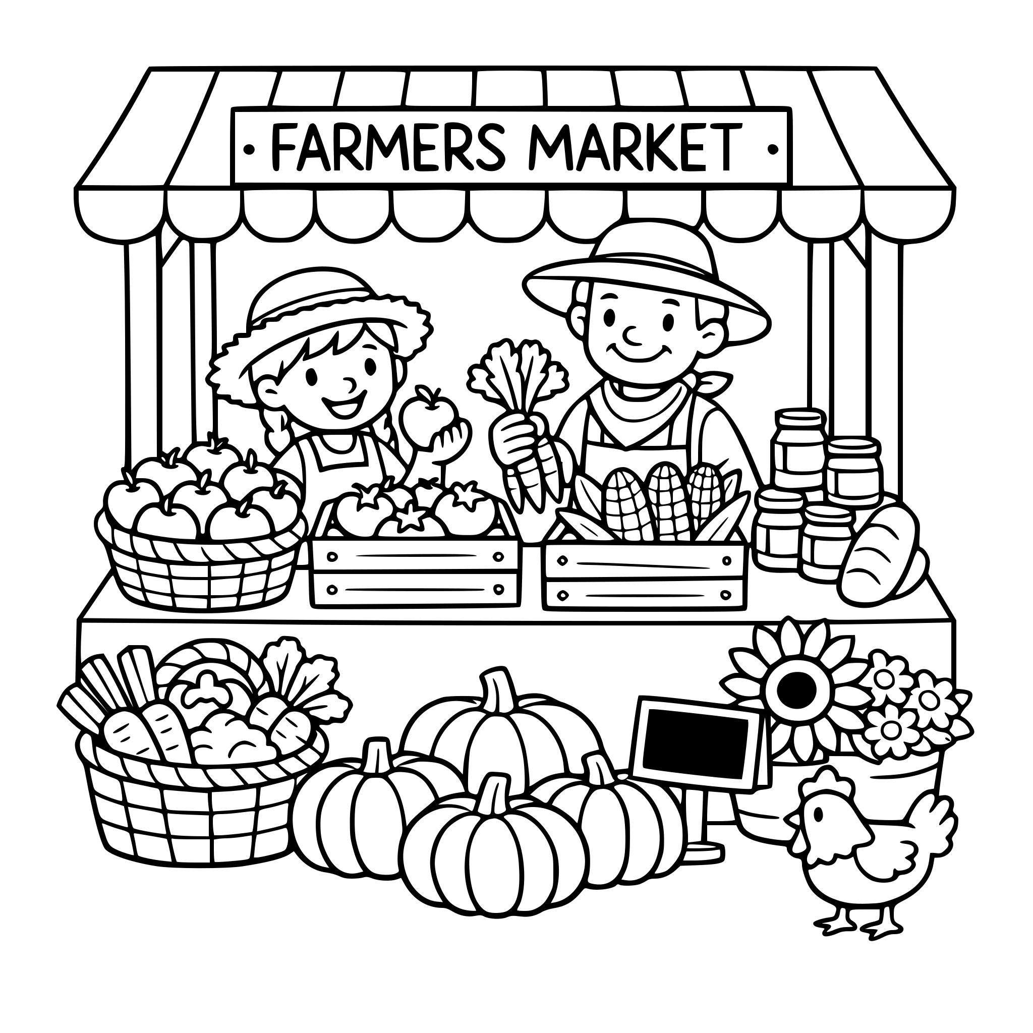 a cartoonish farmers market scene