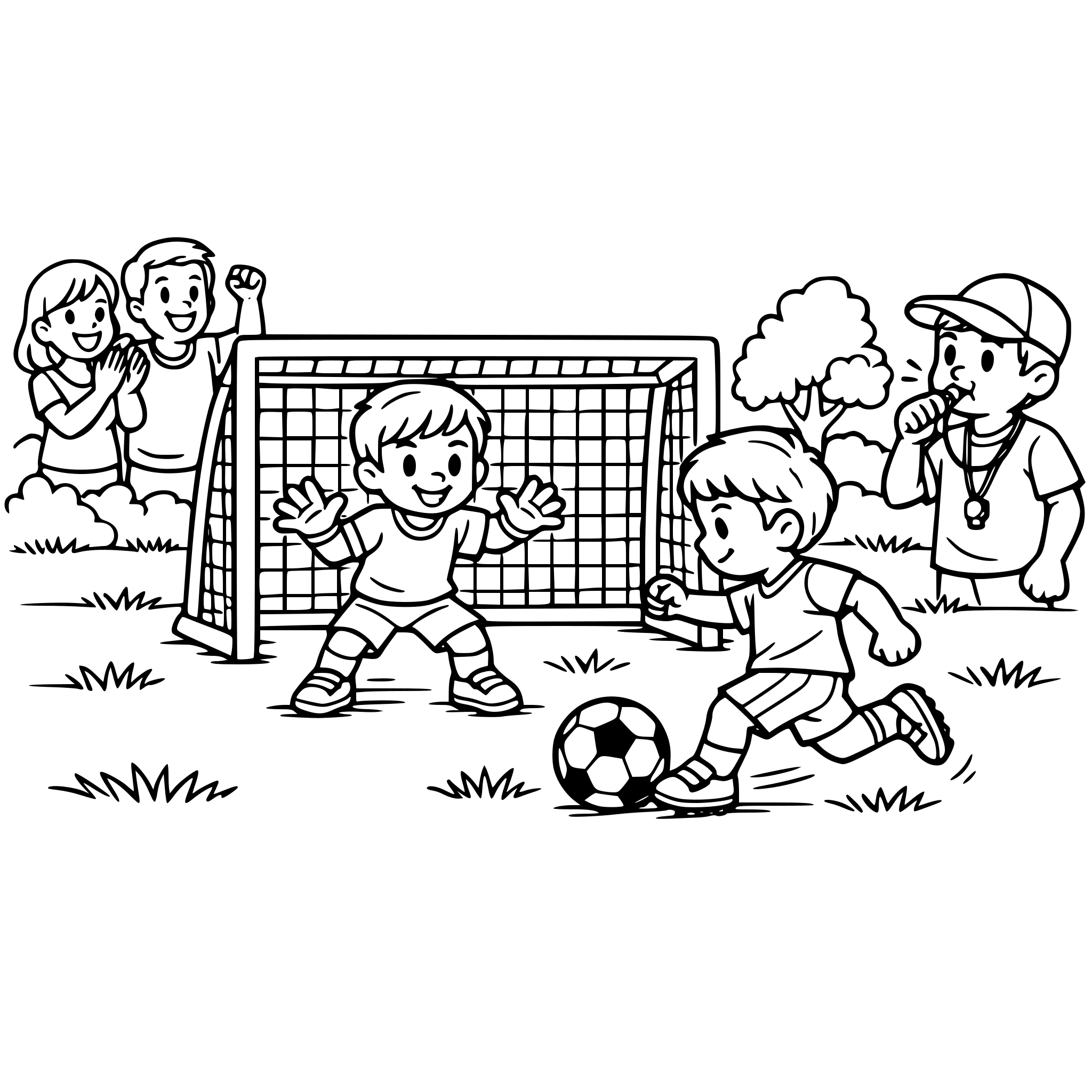 create a scene with two little boys playing soccer in a field, have one boy guarding the goal and another kicking the ball. Include landscape objects like grass and trees. Have parents cheering on the side and a coach blowing a whistle