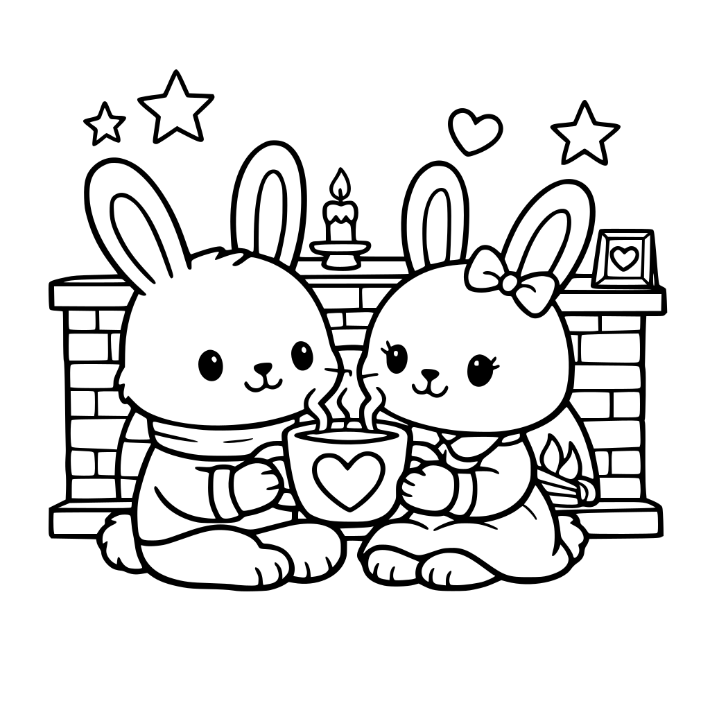 Create a cute bunny couple inside the house and they are near a chimney holding a heart shape mug