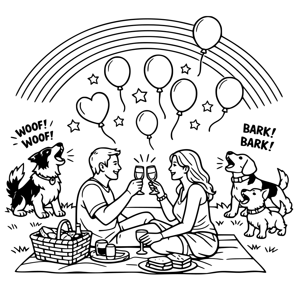 create me a park scenario with a rainbow across the sky, dogs barking at baloons going up in the sky, and a couple sharing a toast on the grass