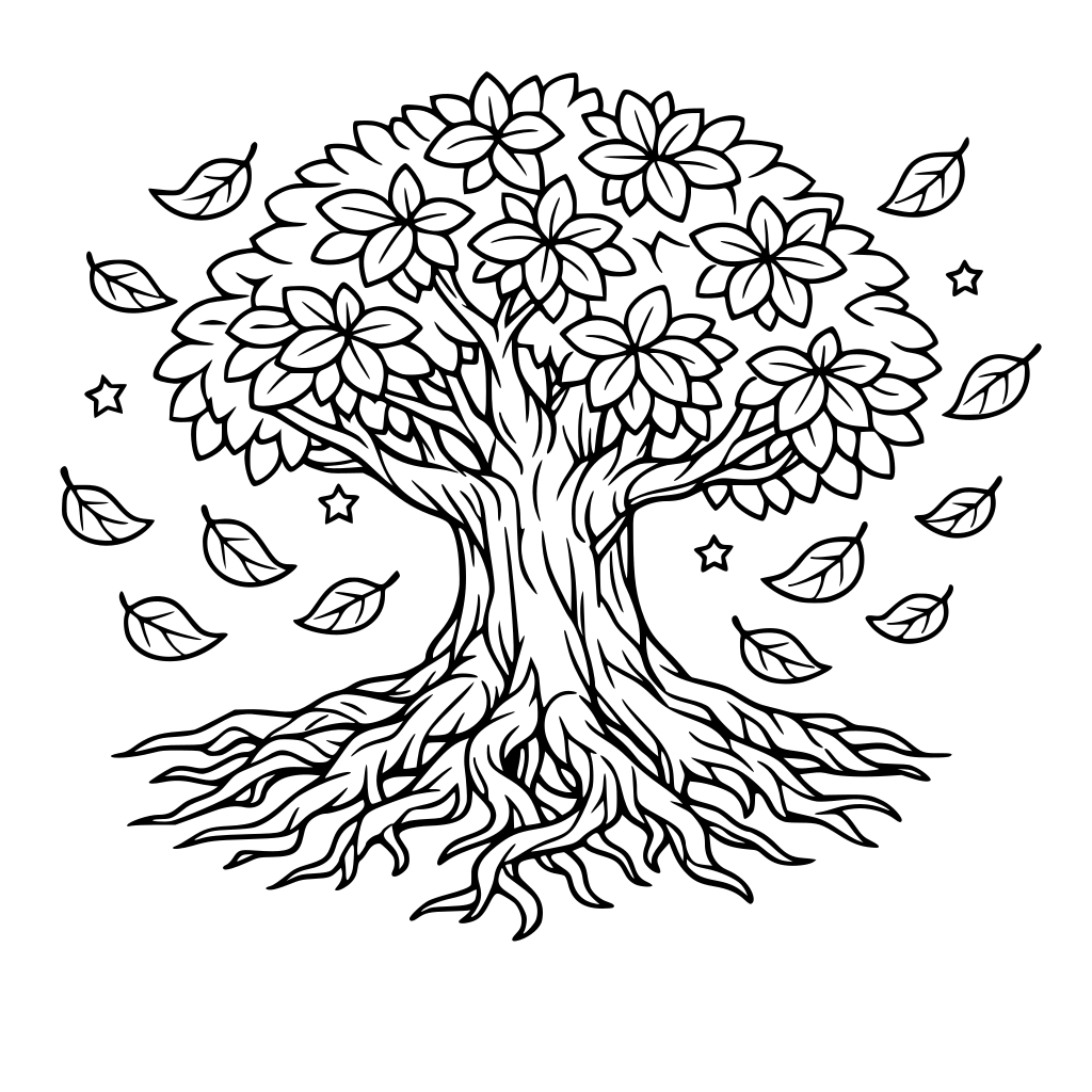 A TREE WITH LARGE ROOTS AND LEAVES WITH LEAVES FLYING AROUND