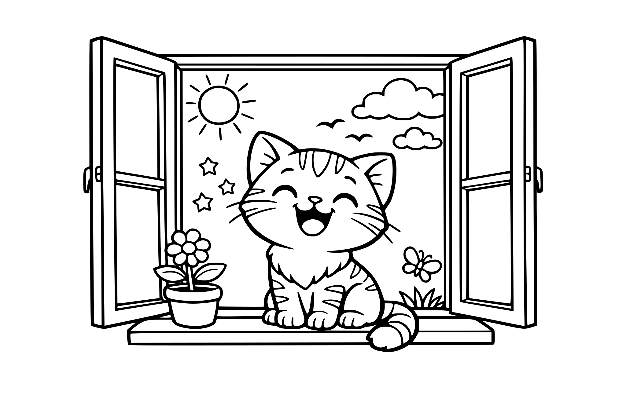 Un gatito feliz mirando por la ventana