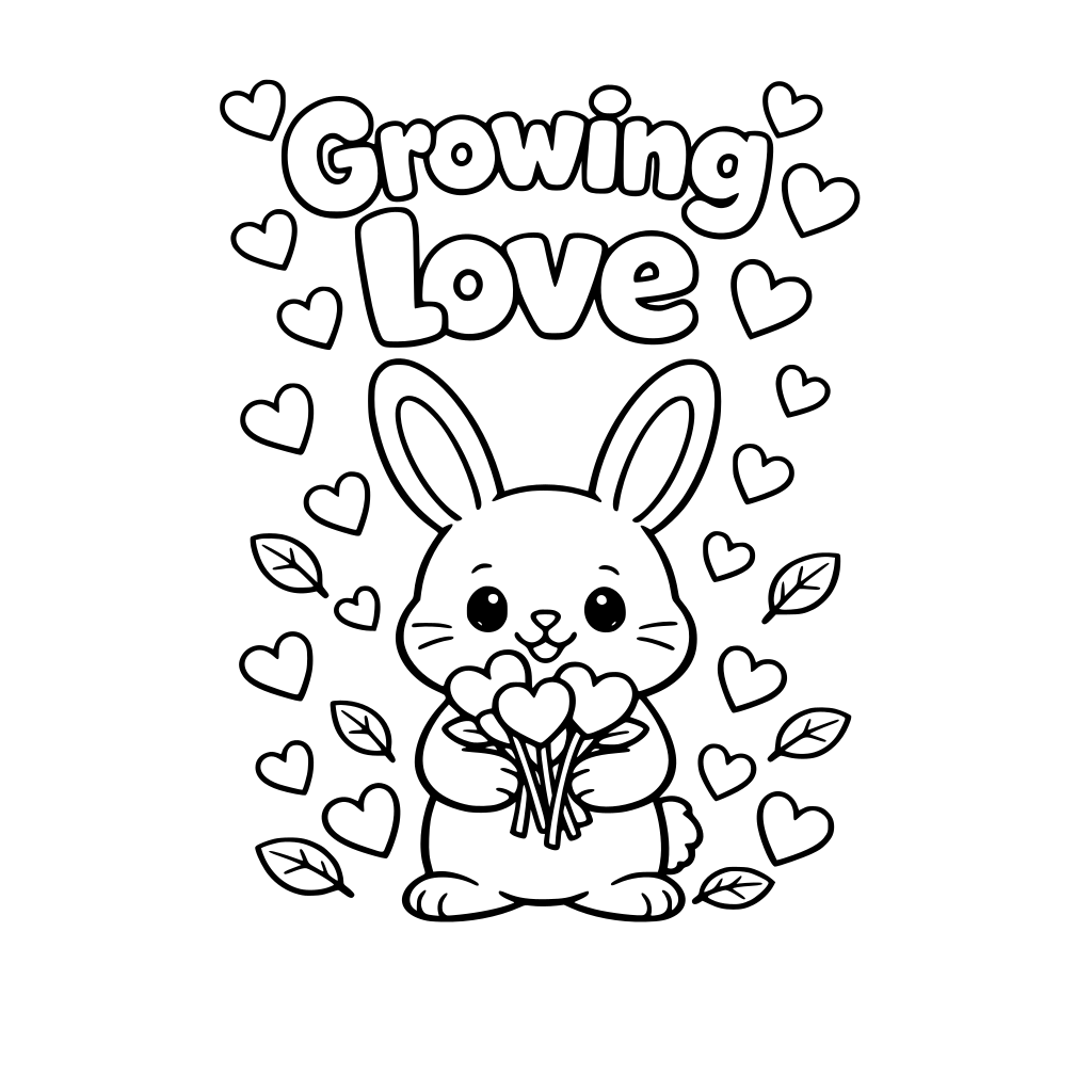 a bunny holding heart shaped flowers Big text: "Growing love' Hearts and leaves around. please use bubble letters so that students can color in.