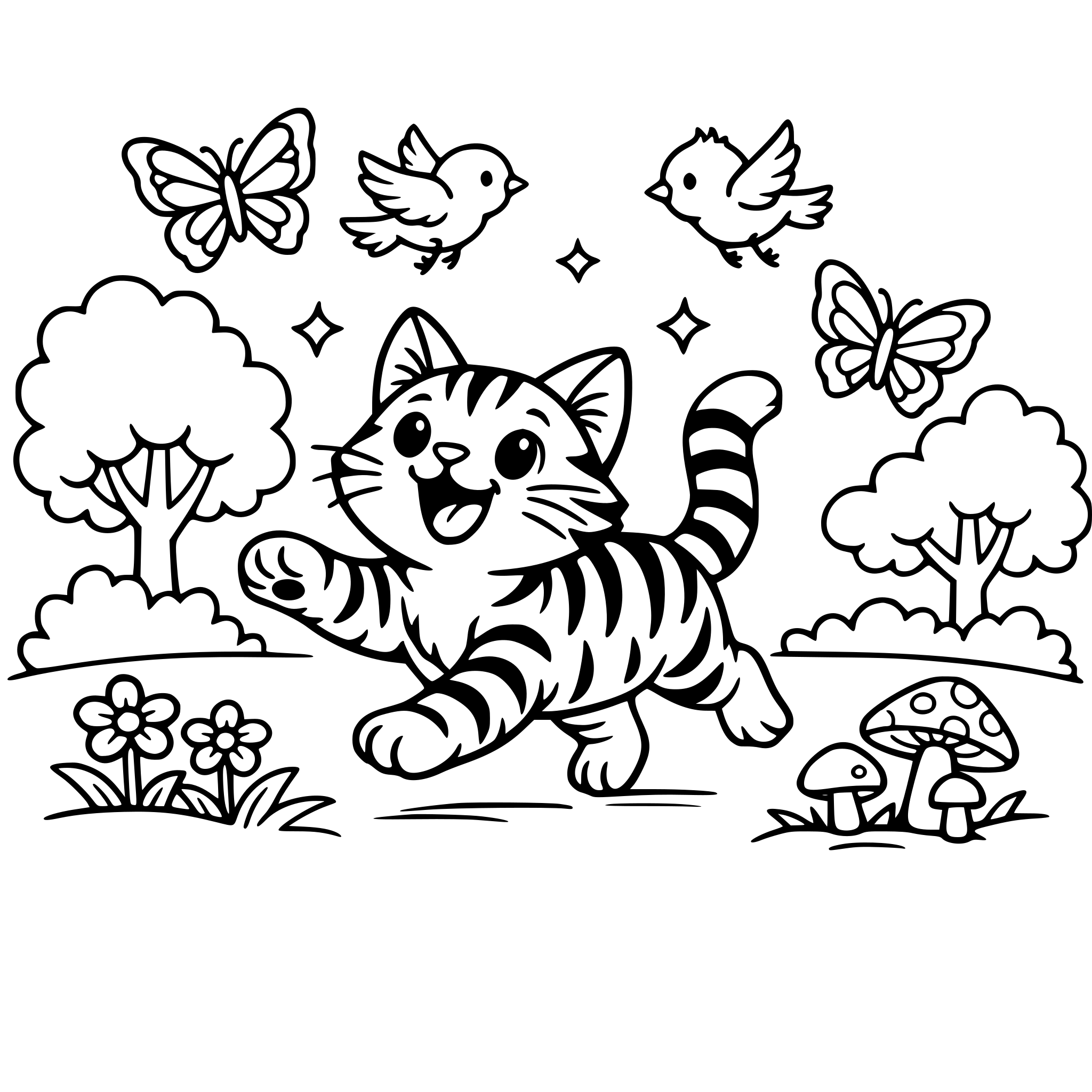 gato tiguerado feliz mientras persigue mariposas y pajaros en el bosque