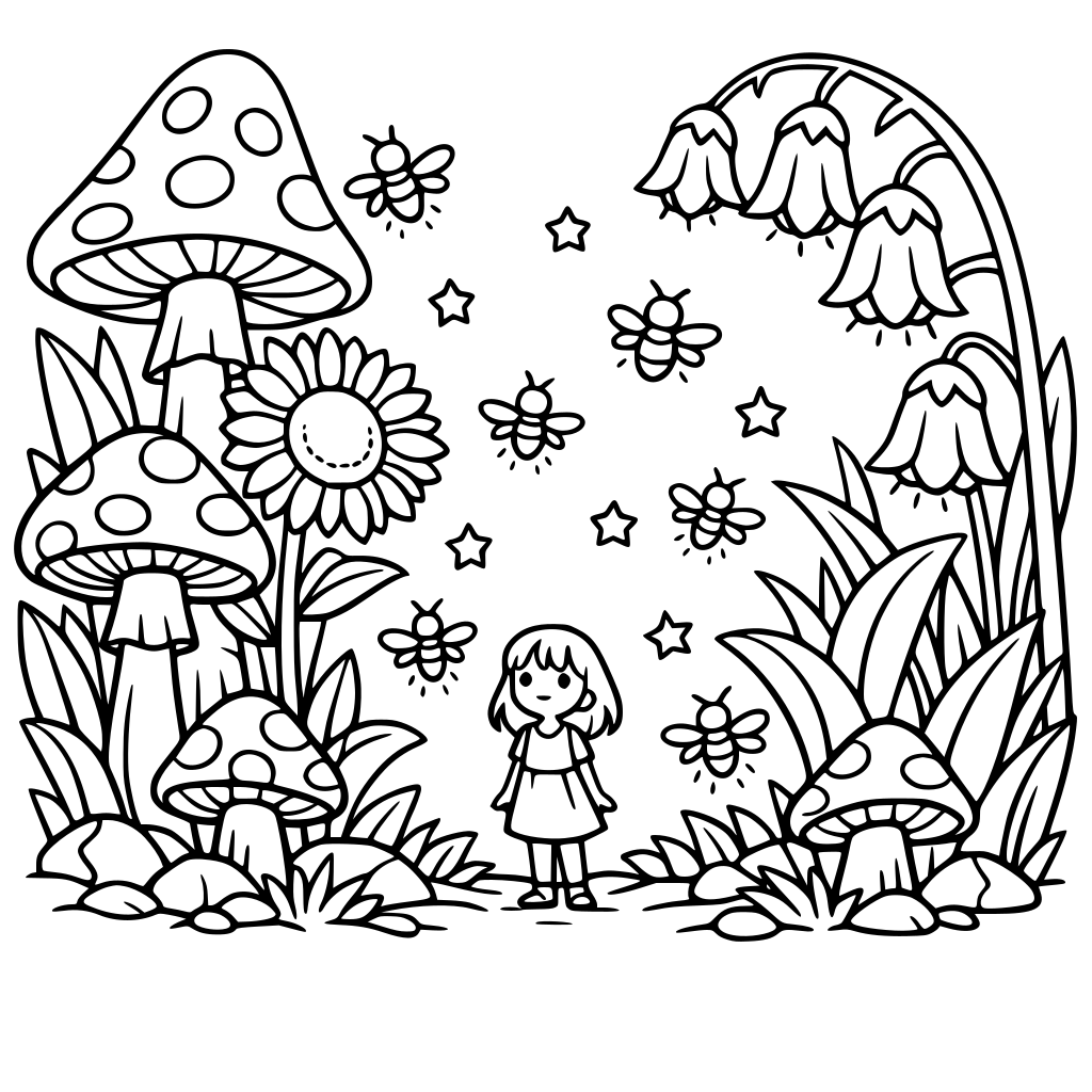 a whimsical huge garden with towering plants and mushrooms with a tiny girl in the center, surrounded by fireflies