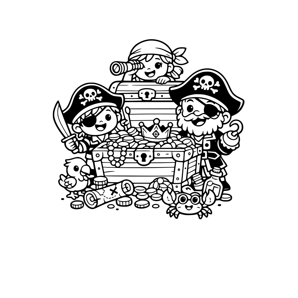 treasure chest with pirates in a fun cute cartoon effect