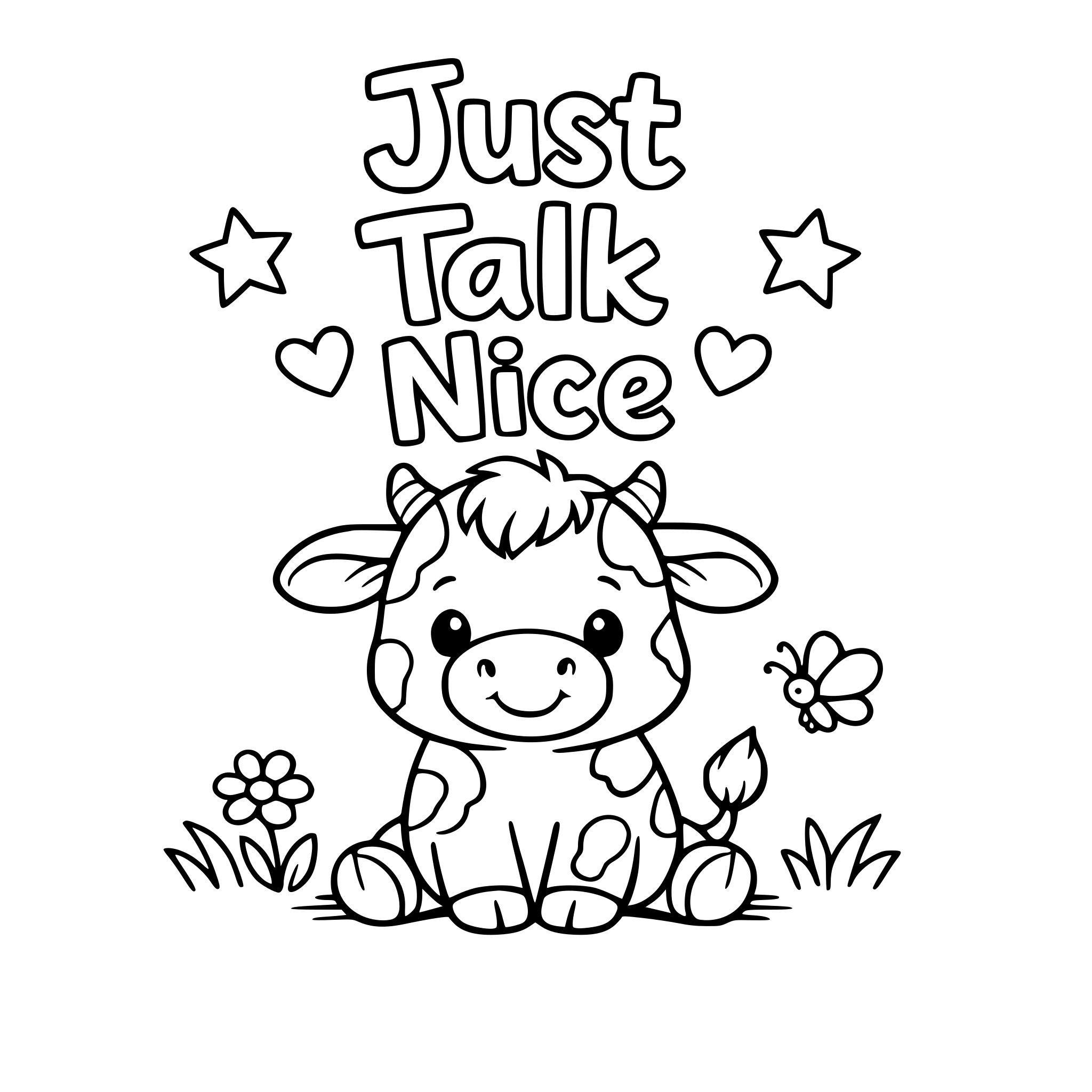 Just Talk Nice with a cute image of a cow to color