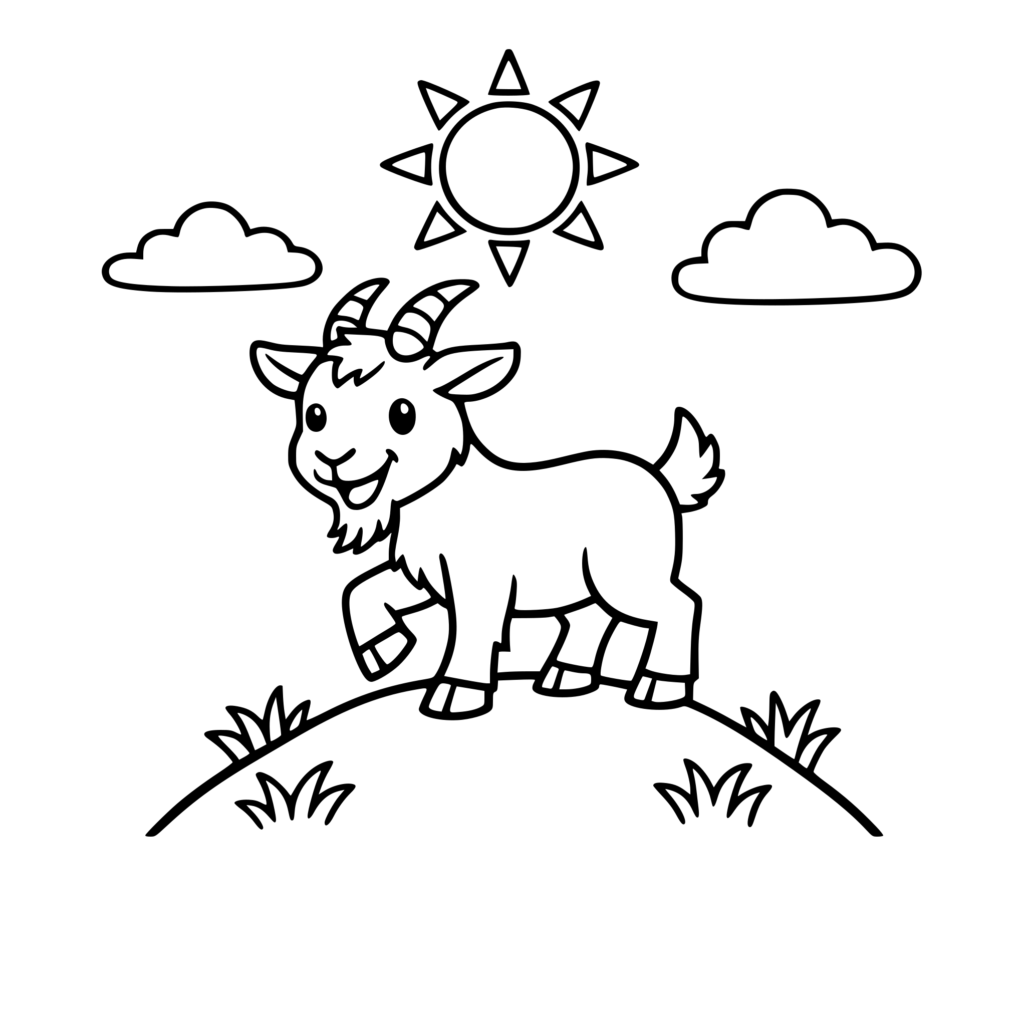 Playful goat standing on a small hill, simple grass and sun