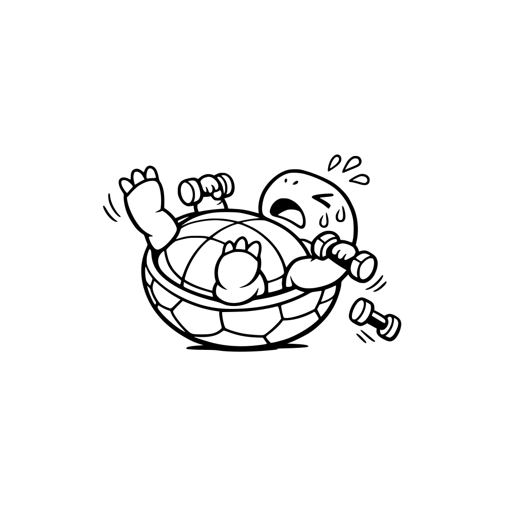 A round turtle lying on its shell, legs in the air. It’s holding two tiny dumbbells, trying to “exercise” to flip over. Sweat drops on its face. One dumbbell is slipping from its hand. Optional small detail: one leg kicking uselessly in the air. Big shapes easy to color