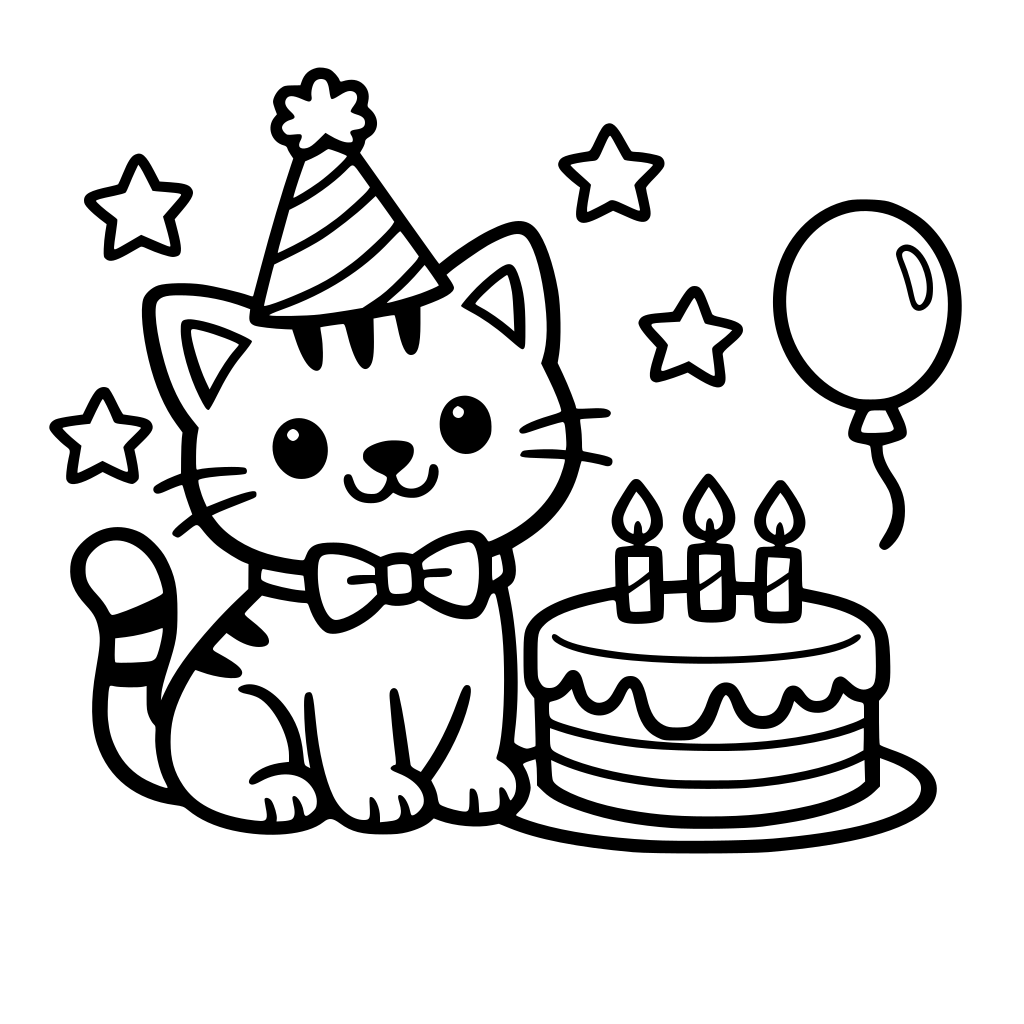 créer un dessin simple pour des enfants de 4-ans avec des lignes larges et foncées. Le dessin doit représenter un chat avec un chapeau de fête et un gâteau