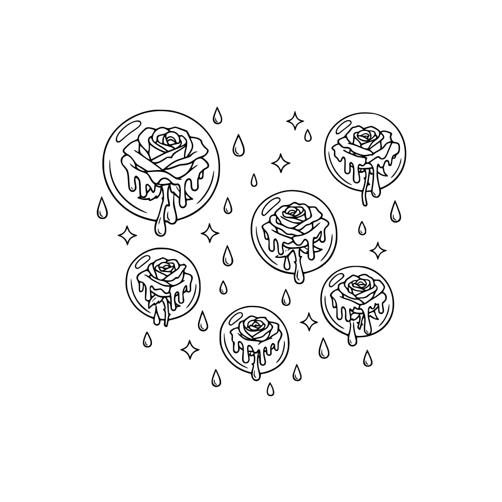 por favor dibuja rosas derritiéndose dentro de varias burbujas que caen