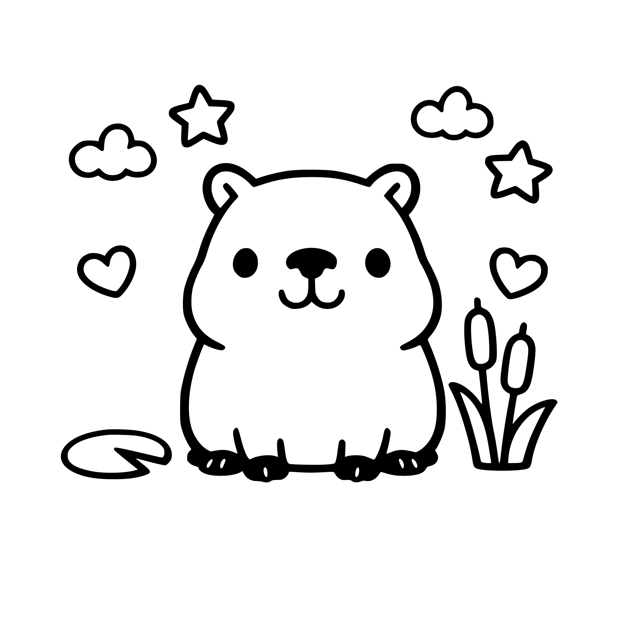 cute capybara coloring book page, simple children's coloring page, bold thick outlines, black and white line art, minimal details, kawaii style, centered composition, no shading, white background