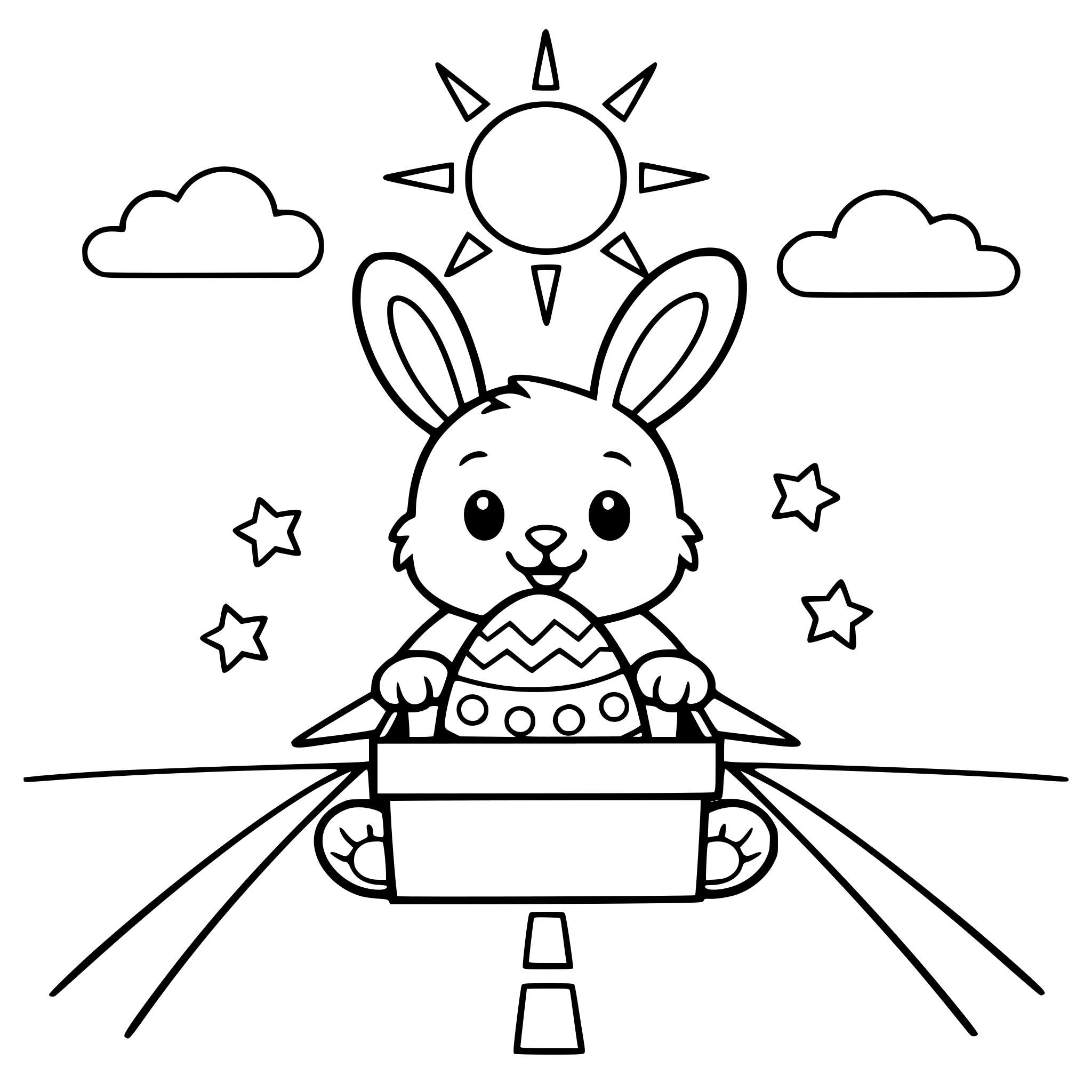 The bunny is in the sun. He is on the road. He has a big egg. The egg is in the box. We see the bunny.