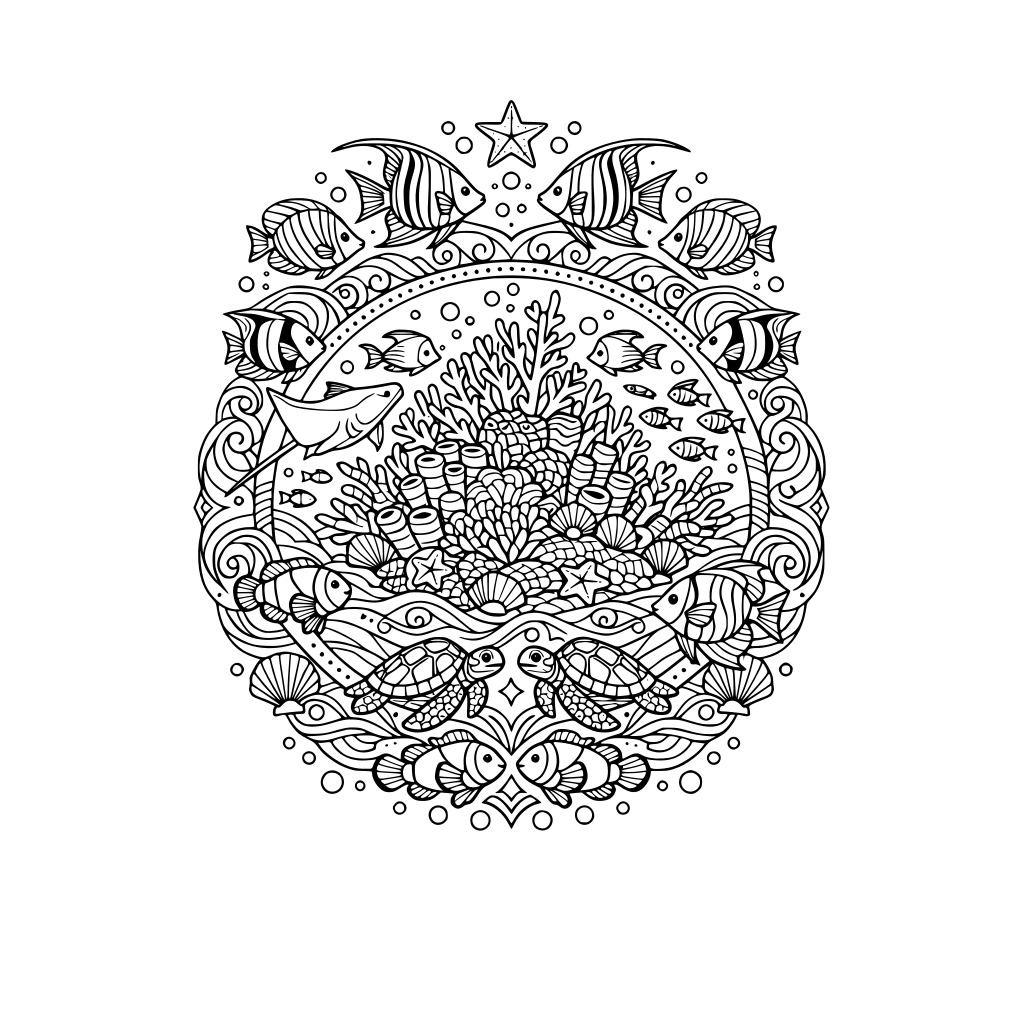 mandala coral reef and fishes, elegant patterns and lines, wave motifs, full page