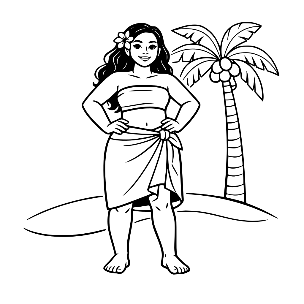Full body Pacific Islander woman wearing lava lava skirt, hands on hips, simple sand curve and one palm tree behind.