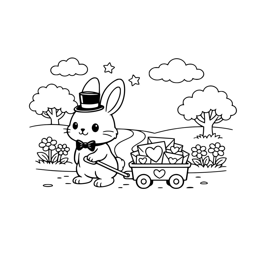 A bunny delivering Valentine's cards in a tiny wagon on a road path with trees and flowers. Clouds in the sky. The bunny has a top hat and a bow tie.