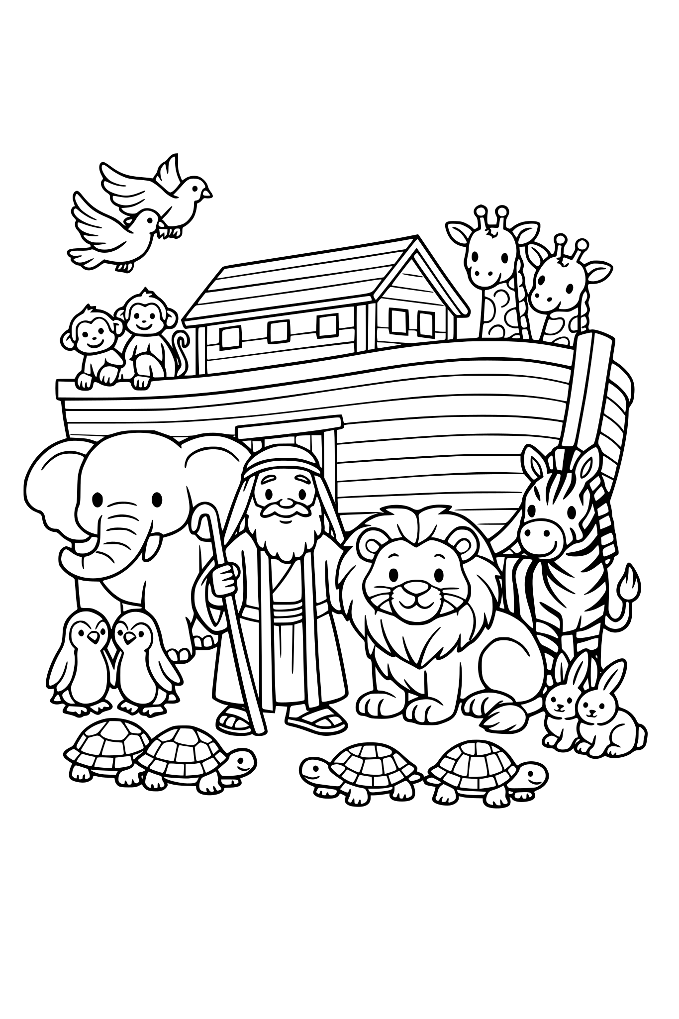 Color Noah's Ark, the animals, and the Ark! Noah showed faith by building a big boat to save the animals from the flood.