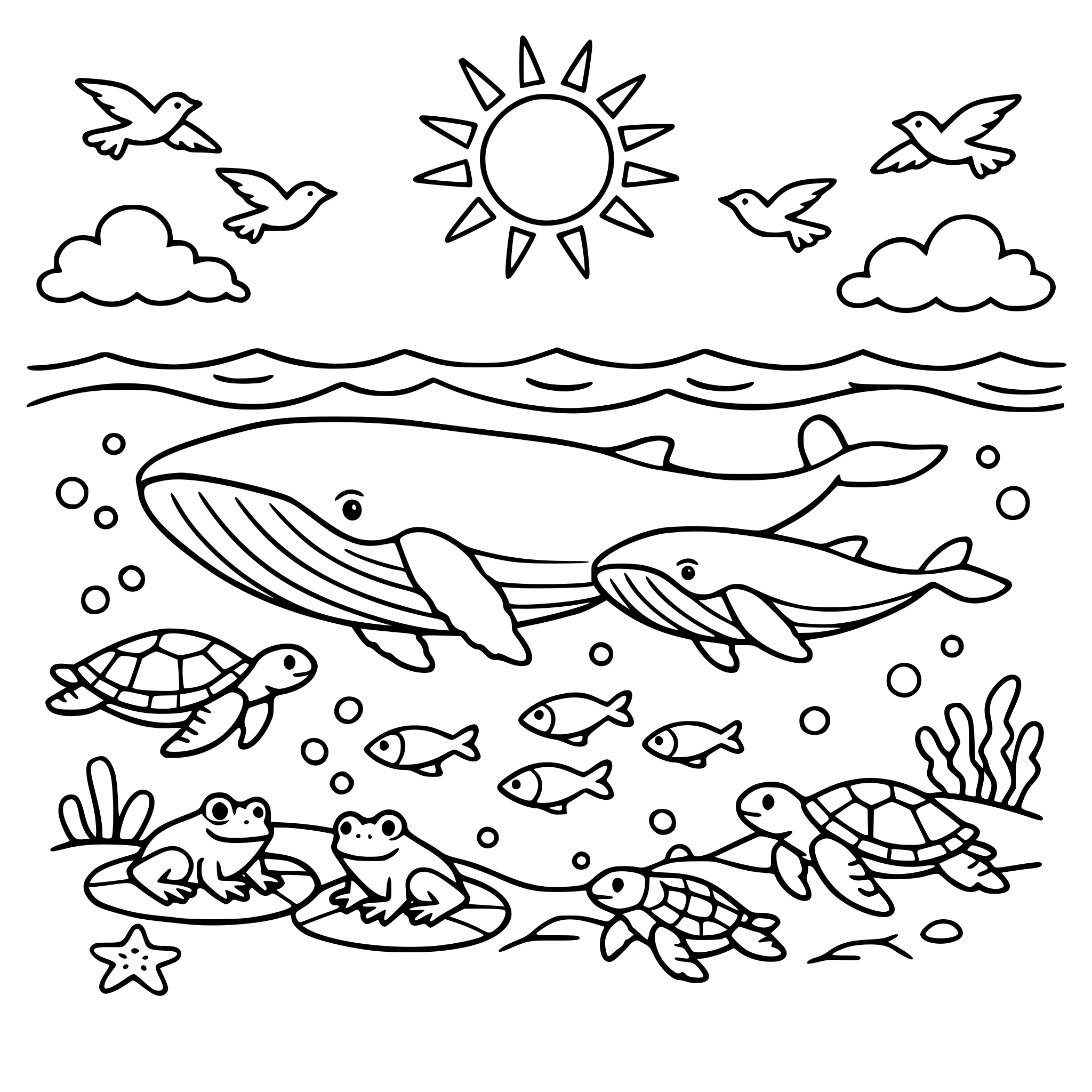 Create a picture with water that you can see whales, fish, frogs, turtles and the sky above it with birds flying