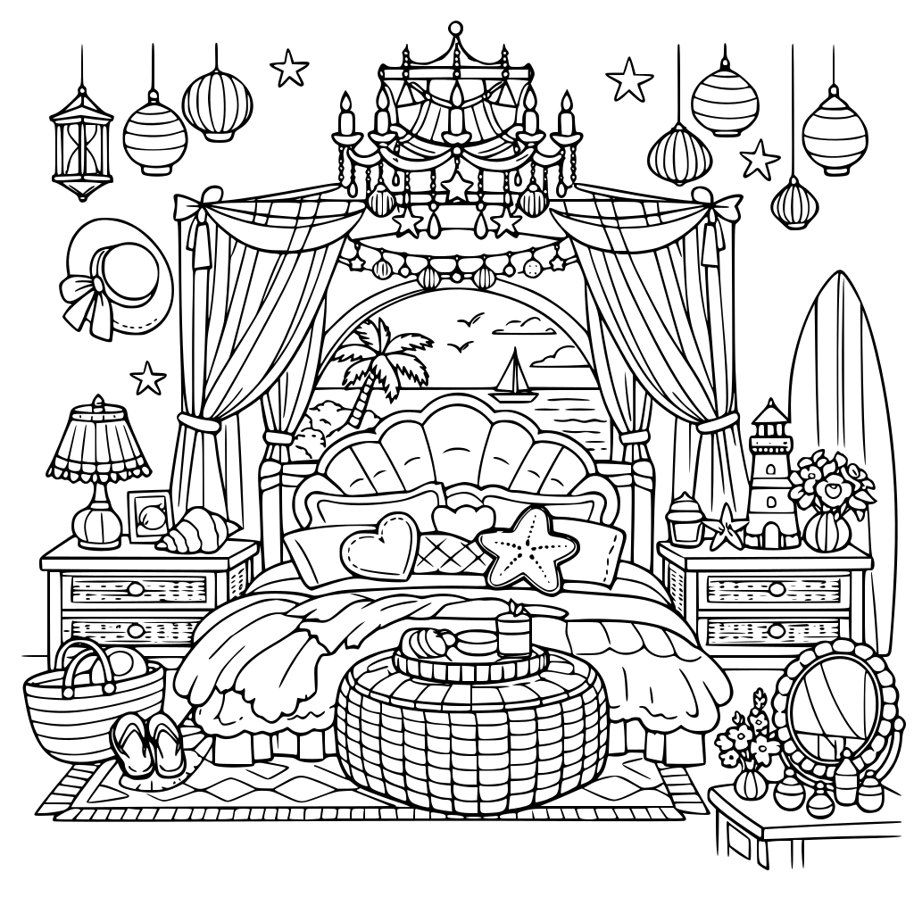 A coastal beach house themed aesthetic fantasy master bedroom for girls & women