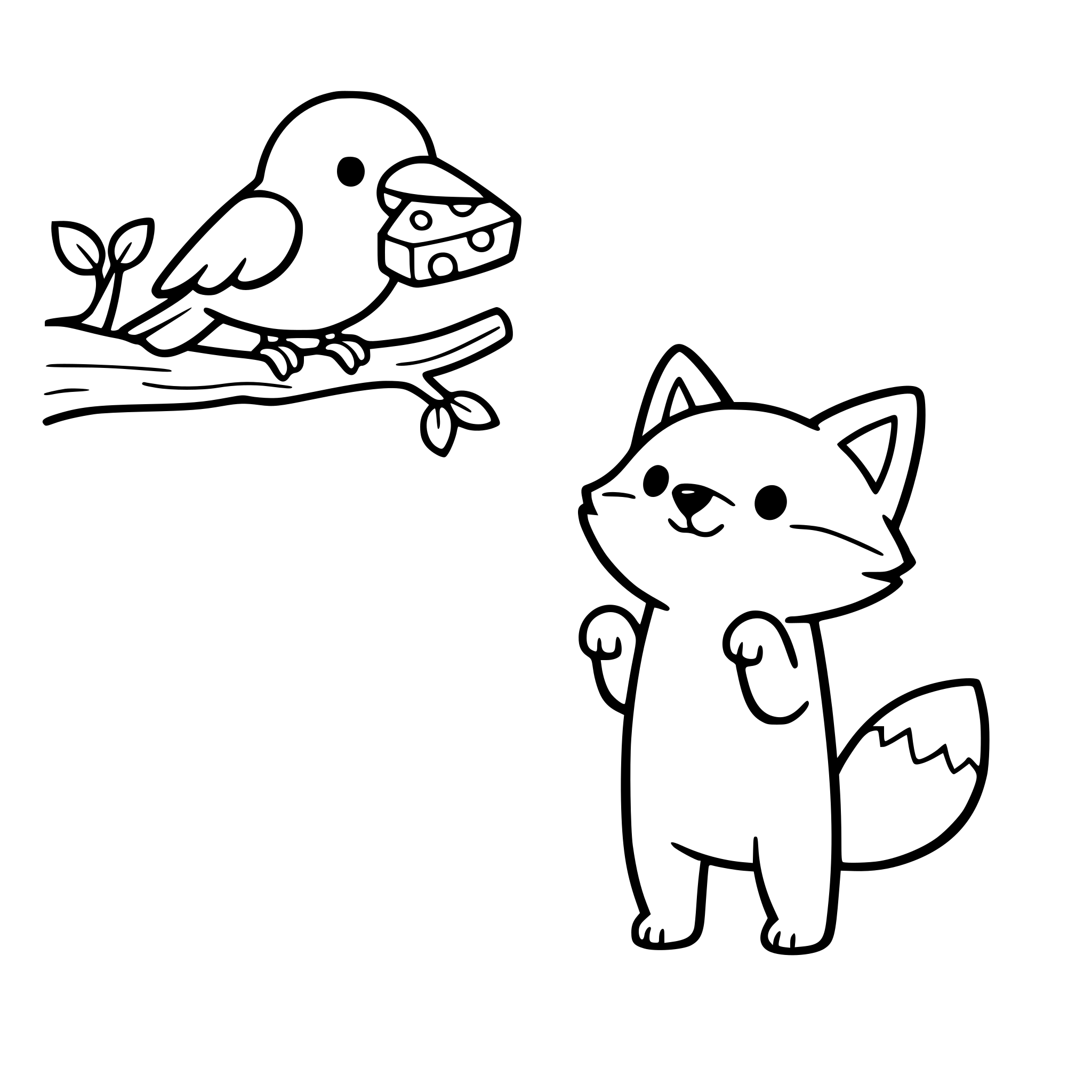 le corbeau et le renard . Le corbeau : perché sur un arbre tient un fromage dans son bec Le renard : tint sur ses pattes arrière le buste et les pattes avant droits . ( Style mignon minimaliste )