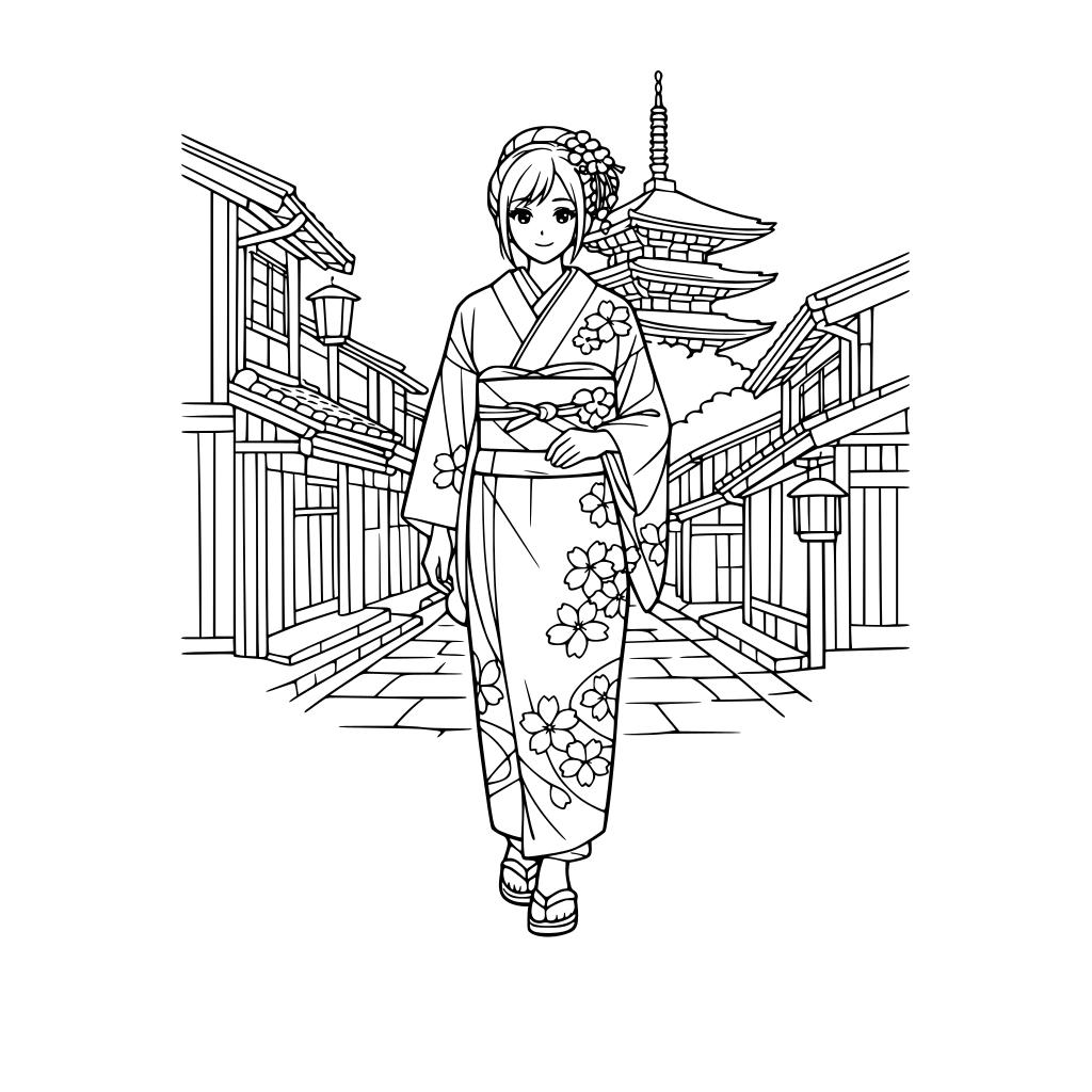 wanita dewasa dengan kimono tradisional jepang sedang berjalan di tengah-tengah rumah di kyoto, buat dengan gaya anime