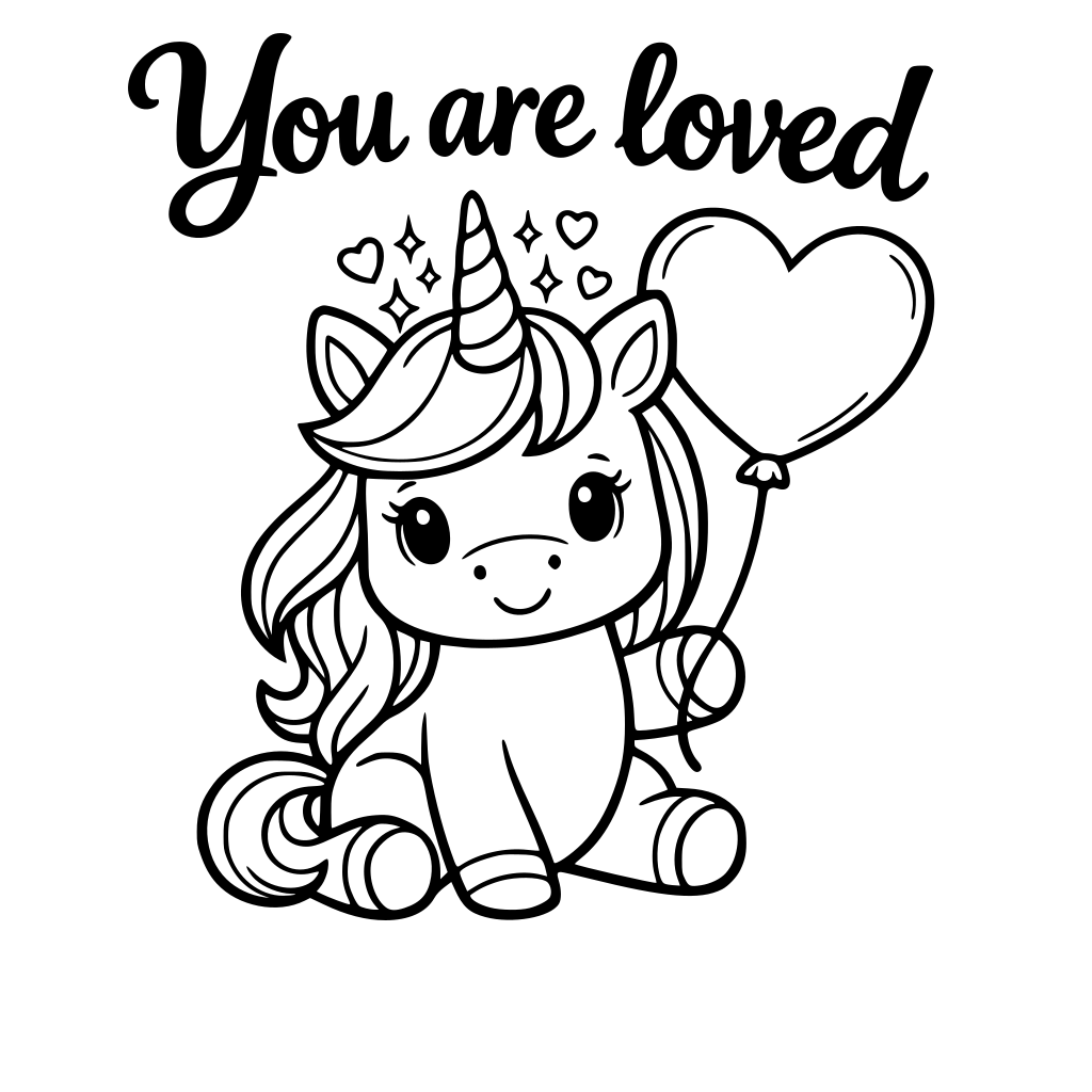 A unicorn holding one heart-shaped balloon. Big text: You are loved. sparkles and hearts around the horn.
