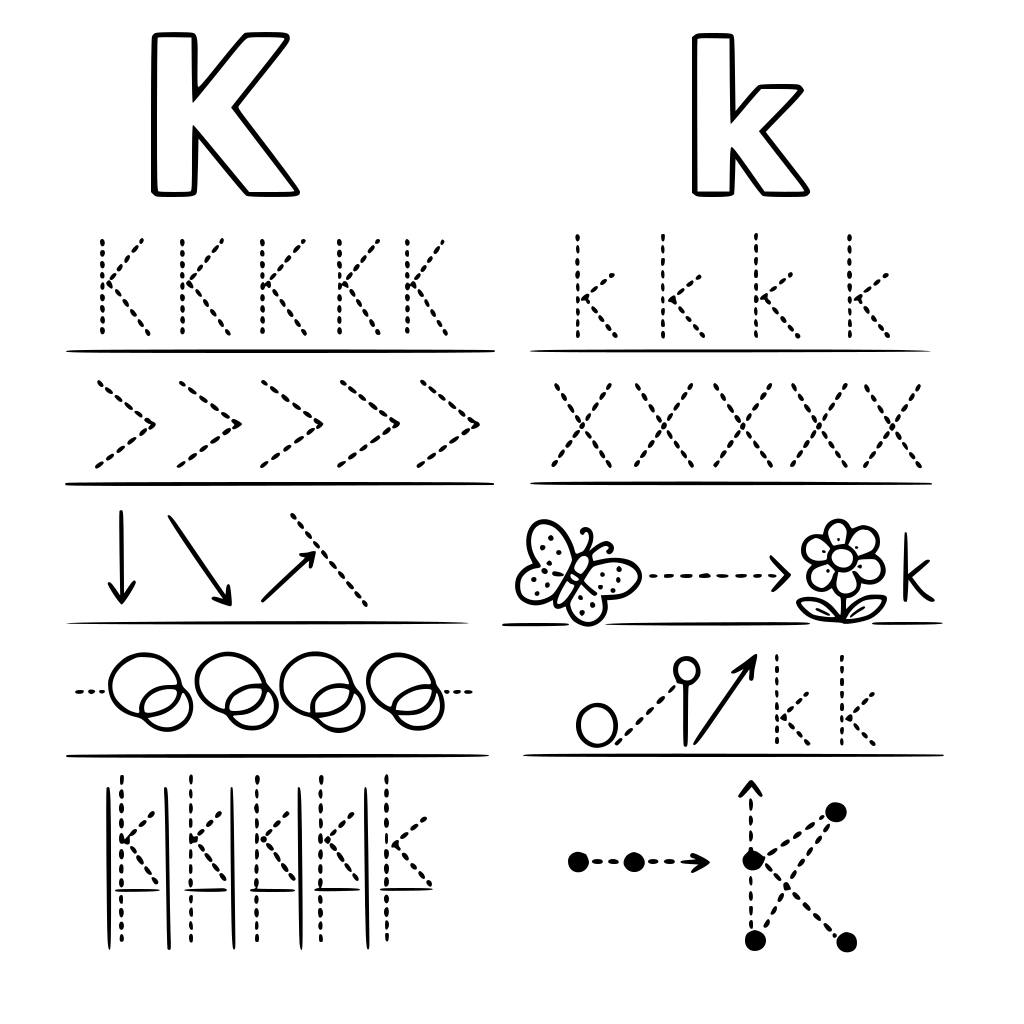 zró całą listę ćwiczeń do litery K duże i k małe różne ślaczki wykropkowane dzięki którym nauczymu pisać się literkę K i k