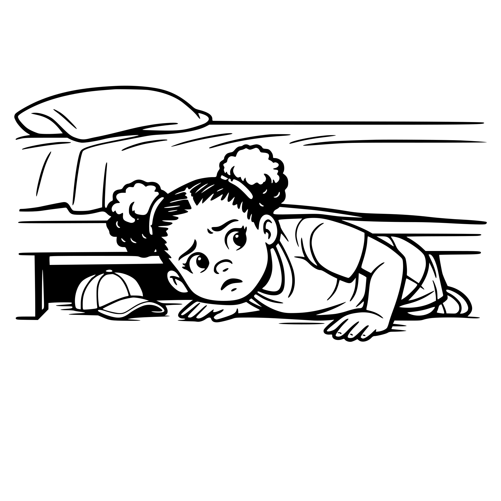 Create an image of a young african american girl looking under her bed for her hat. She sees it under the bed. The hat is far back under the bed. Girl's eyes are life like normal. She has a puzzled look on her face. White background, isolated.