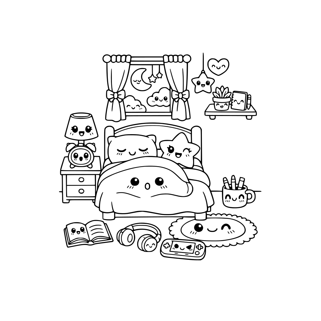 cute kawaii bedroom. no animals. some items with kawaii facial expressions. do not repeat facial expressions.