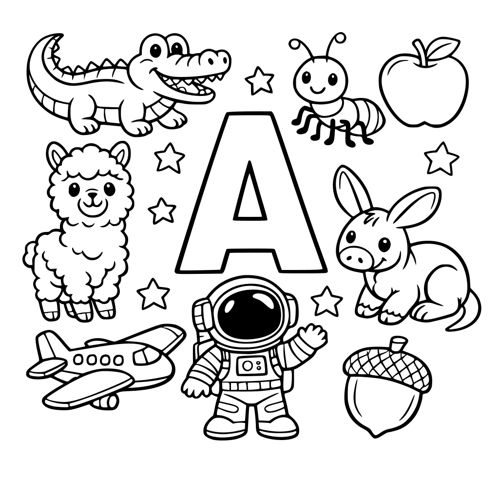 ingilizce a harfi ile başlayan hayvan ve nesnelerin olduğu çocuklar için sevimli görseller oluştur