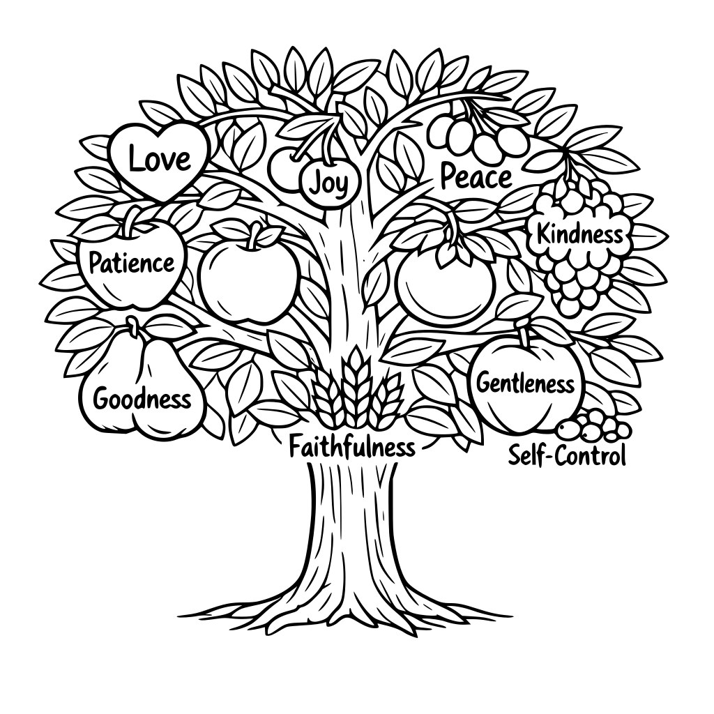 Highly detailed Tree with different kinds of fruits labelled Love, Joy, Peace, Patience, Kindness, Goodness, Faithfulness, Gentleness, and Self-Control.