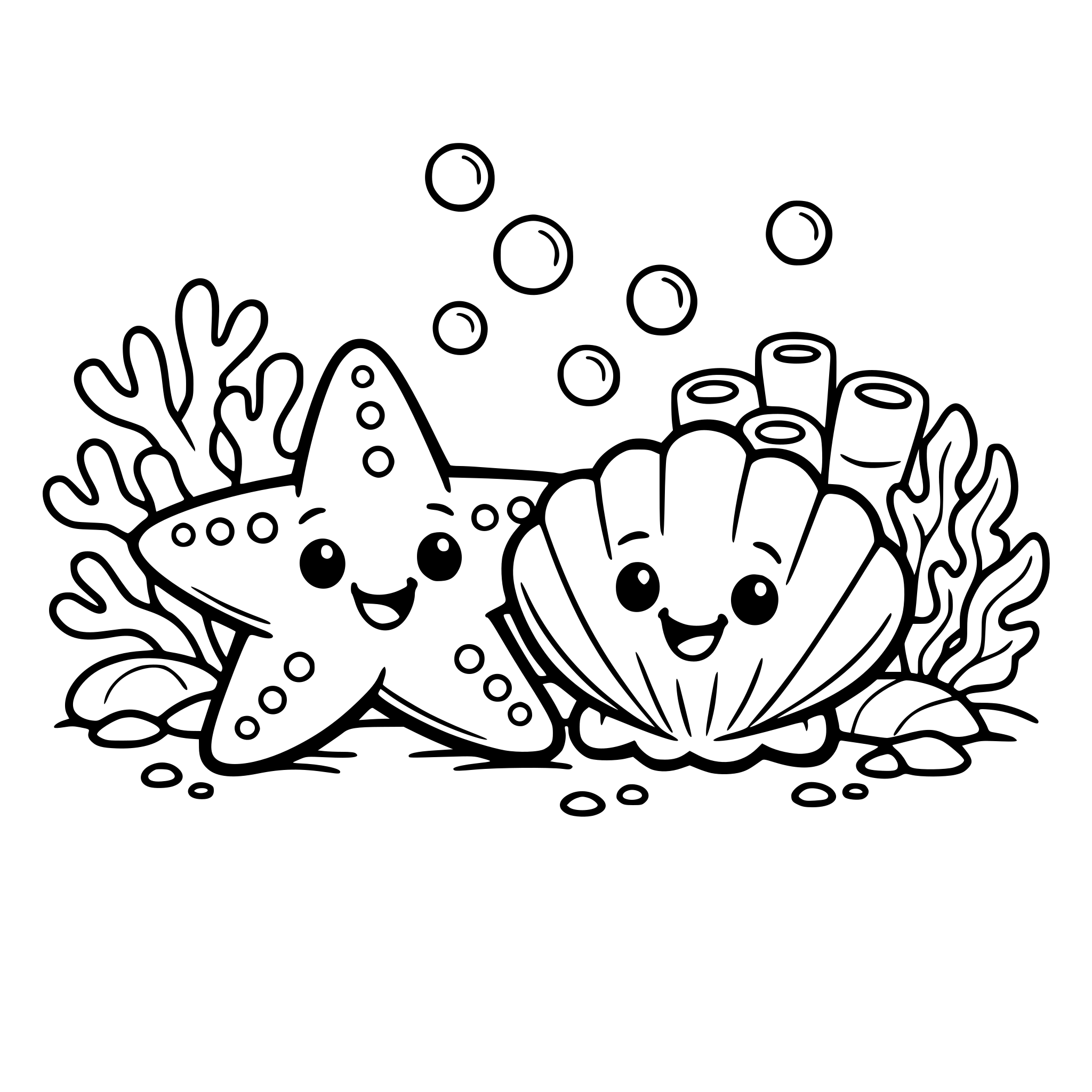 starfish and seashell sitting together like friends, smiling, with background of corals and bubble