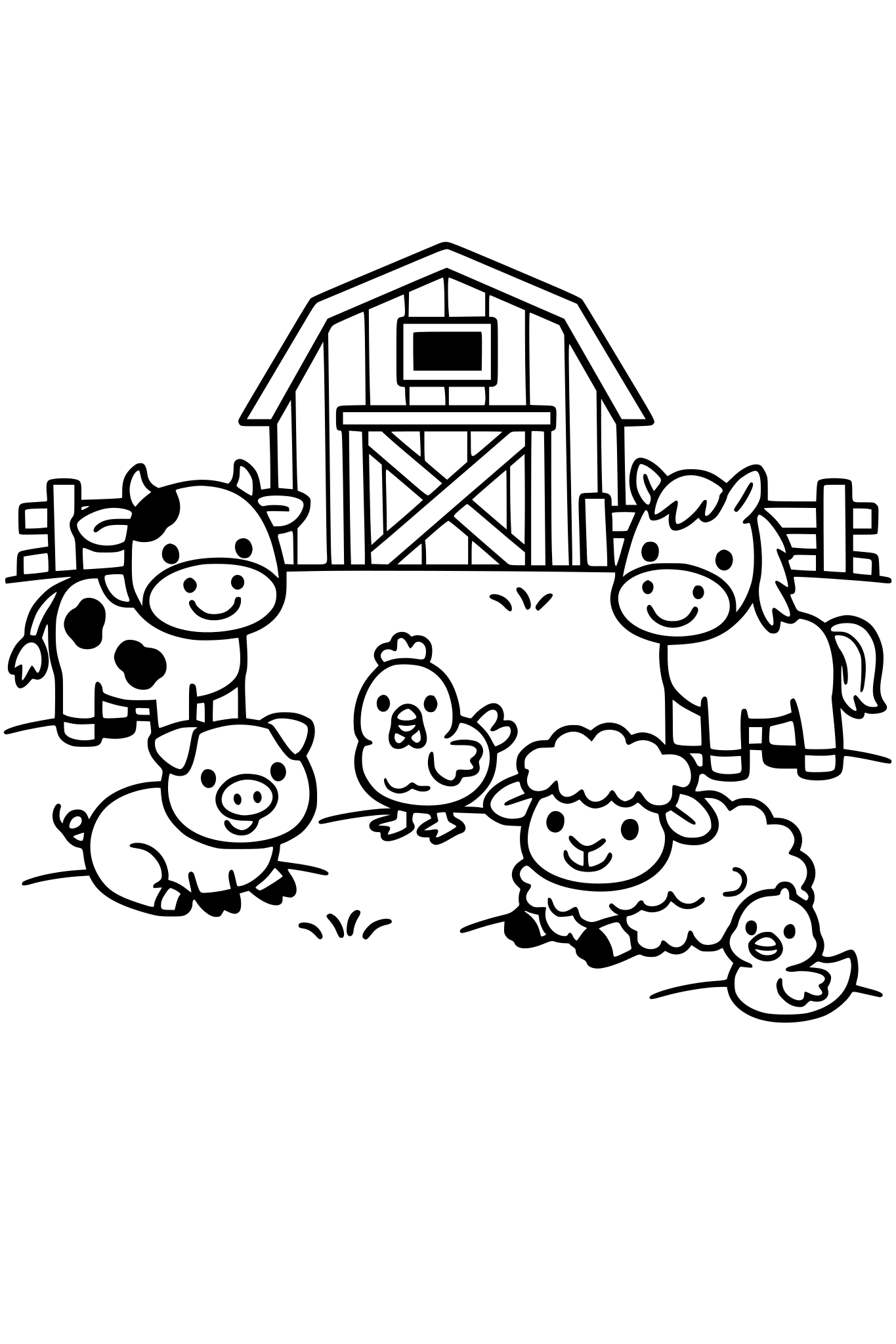 Farm animals near a wooden barn with simple fence and grass, simple line art, thick bold black outlines, minimal details, large shapes, white background, toddler-friendly, smiling animals, no shading, no color, clean vector style, printable coloring page