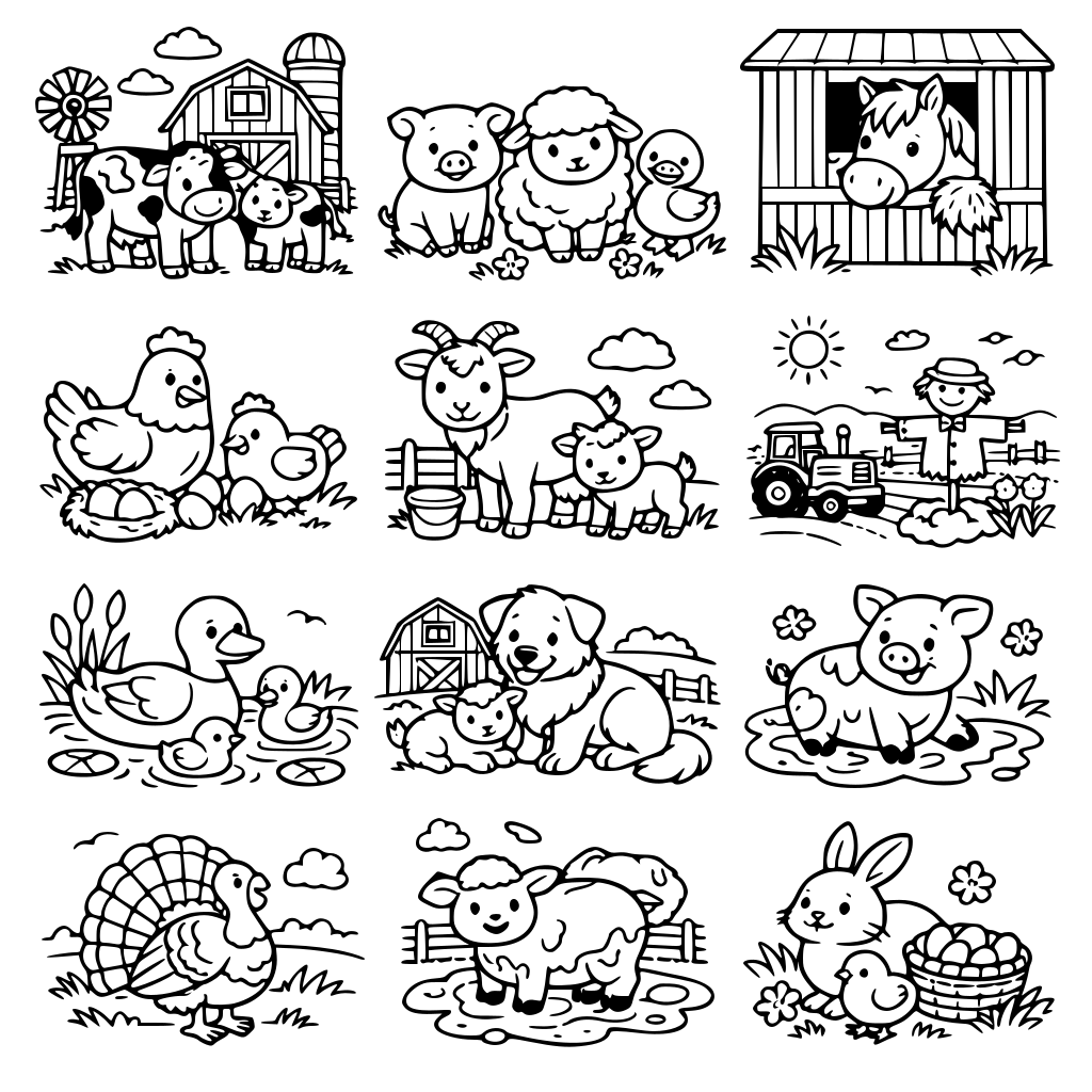 create 10 drawings with a children's farm theme, using farm animals