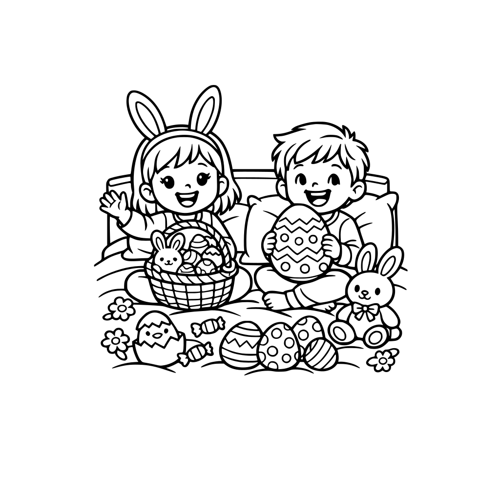 deux enfants joyeux sur leur lit avec éléments de pâques